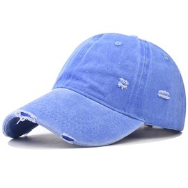 RENOGLOE Solid Color Wash Broken Design Unisex Adjustable Top Hats for Women Mens Baseball Caps Solid Baseball Hats Cotton Dad Hats (US, Alpha, One Size, Solid Blue)