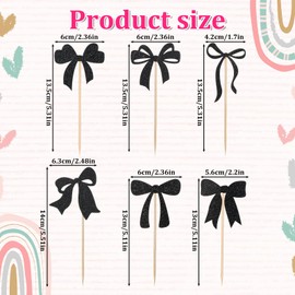 24 Pcs Bow Cupcake Toppers Black Mini Bowknot Cupcake Picks Bow Decor Fruit Fork Bows Theme Bridal Shower for Engagement Wedding Drinks Party Fruit