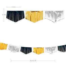 Black Silver Gold Tassel Banner Double Sided Metallic Fabric Pennant Bunting Flag Garland for Graduation Birthday Anniversary Bachelorette Engagement Wedding Bridal Shower Party Decorations Supplies