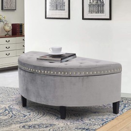 Joveco 43.5" Storage Bench- Velvet Half Moon Ottoman- Tufted Storage Ottoman with Rivet- Half Moon Storage Ottoman Storage Bench for Bedroom and Entryway (Gray)