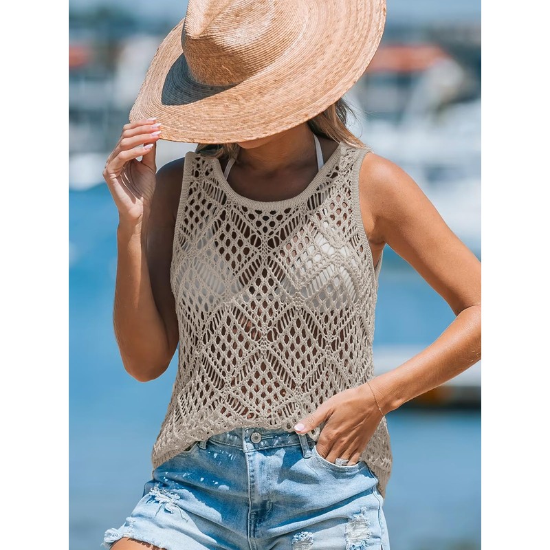 Imily Bela Womens Summer Crochet Tank Tops Knit Sleeveless Scoop
