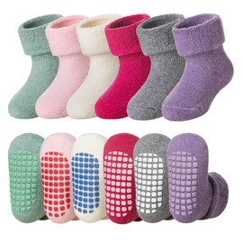 DoSmart Baby Toddler Non Slip Socks Infant Boys Girls Warm Thick Wool Ankle Crew Winter Socks with Grippers 6 Pairs(Solid Color-B,0-12 Months)