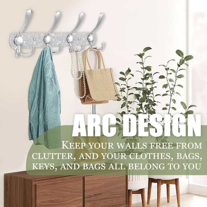 BlackFish Wall Mounted Coat Rack, Shiny Silver Rhinestones Four Heavy