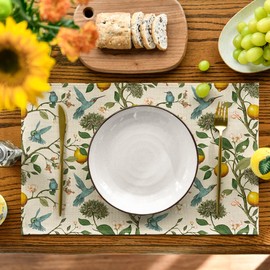 Artoid Mode Brown Lemon Tree Bird Flower Summer Placemats Set of 4,12x18 Inch Seasonal Spring Table Mats for Party Kitchen Dining Decoration