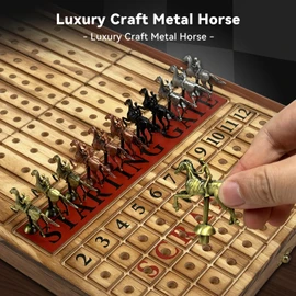 Large 23 inches Horse Racing Board Game with 11 Luxury Metal Horses, Foldable Wood Horse Race Board Game with 2 Sets of Dice, 2 Boxes of Cards for Parties and Gambling