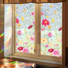 Colorful Window Film, Privacy Window Film, Rainbow Floral Glass Stickers, Provides UV Protection for Home, (16.93x 39.37 Inch)
