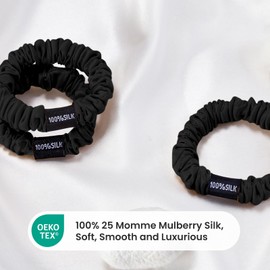 THXSILK 100% 25 Momme Pure Mulberry Silk Hair Scrunchies 3 Pcs Cute Ring Ties Small Scrunchies Soft Smooth for Girls Women's Thick Hair Protection, Black