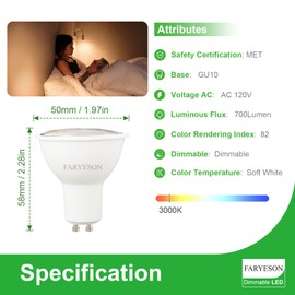 faryeson Dimmable GU10 LED Light Bulbs - 5W, Soft White (3000K), 700 Lumens, Wide 110° Flood Beam, Great for Recessed and Track Lighting in Kitchens, Living Rooms, and Bedrooms, 12-Pack