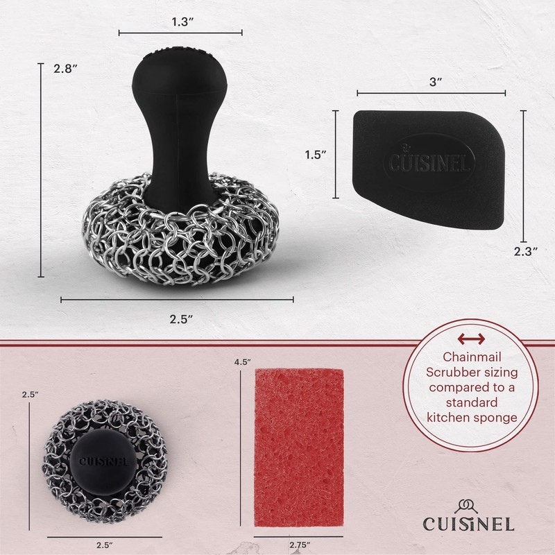 Cuisinel Cast Iron Chainmail Scrubber + Pan Scraper - Ergonomic