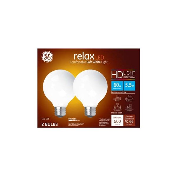 GE Lighting 31696 LED Relax Globe Light Bulbs, Soft White, 500 Lumens, 5.5-Watts, 2-Pk. - Quantity 44