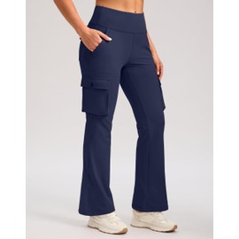 G Gradual Women's Fleece Lined Pants 6 Pockets Bootcut Water Resistant Winter Thermal Tummy Control Flare Legggings for Outdoor (Navy, Inseam 28", S)