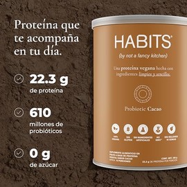 HABITS BY NOT A FANCY KITCHEN  Protena Vegetal en Polvo  Sabor Cacao 488 g  22.3 g de Protena Por Porcin  Sin Azcares Aadidos, Fuente de BCAAs, No... 