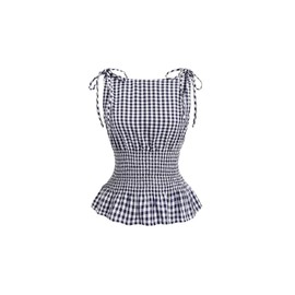 SOLY HUX Women's Plaid Print Tie Shoulder Ruffle Tank Shirts Shirred Vintage Babydoll Tops Dark Blue and White Small