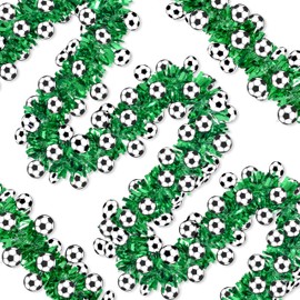 50Ft Soccer Tinsel Garlands, Green Glitter Tinsel Garland with 3D Soccer Cutouts, Metallic Holiday Hanging Streamers for Game Day Party Sports Bar Indoor Outdoor Party Décor