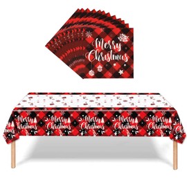 Disposable Christmas Table Cloth, Buffalo Plaid Style Oil Proof Plastic Table Cloth with 12 PCS Napkins, Waterproof Christmas Tablecloth Rectangular for Dining Table, Party, Camping, Picnic 51x86.6in