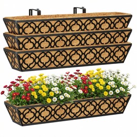 Y&M 4pcs 30" Horse Trough Window Boxes with Coconut Coir Liner, Black Metal Hanging Flower Planter Deck Railing Planter Boxes for Outdoor Indoor
