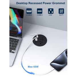 Recessed Power Grommet 3 inch with 65W USB C Ports 2 AC Outlets,Recessed Outlet Fast Charging Station,Desk Hole Grommet Outlets,Round Desktop Power Grommet Outlet for Office,Home,Nightstand (Black)