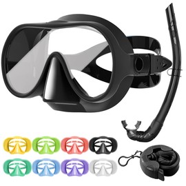 Tyuodna Adult Snorkel Set, Diving Goggles with Snorkel, Oversized Lens, 180° Wide Angle Anti-Fog Snorkeling Set, Macaron Colours Diving Goggles for Snorkelling, Diving (Black + Snorkel)
