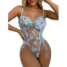Lilosy - Body sexy con cordones para mujer, con bordado floral, de malla, de una pieza, Mariposa azul claro, XS