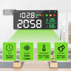 Kethvoz Decibel Meter Digital Sound Level Tester, Wall Mount Clock Monitor Noise dB Display Humidity Temperature with 11inch LED Screen, Decibel Reader for Classroom Studio Hospital