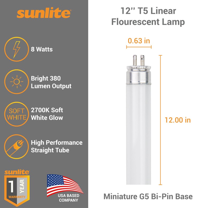 Sunlite 12-Inch F8T5/WW T5 Linear Fluorescent Lamp, 8 Watts, 380