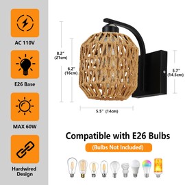 lobolighting Boho Rattan Wall Sconces Set of Two Hardwired Hand-Woven Farmhouse Wall Lamps Indoor Rustic Wall Mount Light Fixtures for Bedroom Living Room Nursery Hallway (Bulbs Not Included)