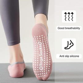 RTRTGS 3 Pairs of Yoga Socks for Women Non-Slip Grip Socks with Straps Non-Slip Socks for Barre Fitness Pilates Ballet Dance Barefoot Training, Purple, Khaki, Pink, multicoloured