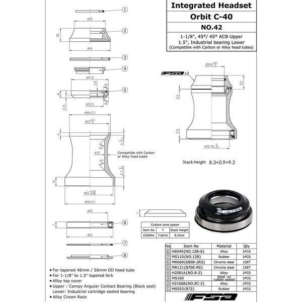 FSA NO.42-A Orbit C-40 Integrated 1-1/8Inches to 1.5Inches ID 42/52