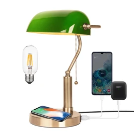 FIRVRE Glass Bankers Desk Lamp with Wireless Charger, 2 USB Charging Port, Vintage Desk Lamp with Pull Chain Switch, Retro Table Lamps for Home Office, Piano, Library (Bulb Included)