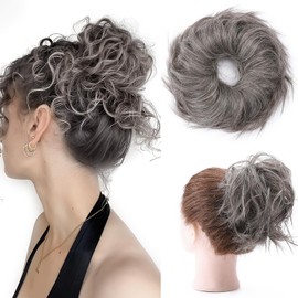 S-noilite Hair Bun Extension Messy Tousled Scrunchie Elastic Rubber Band Wavy Fluffy Scrunchy Wrap On Updo Chignon Donut Instant Ponytail Hairpiece Synthetic For Women Girls (Grey)