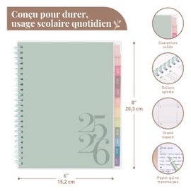 Rileys & Co Weekly Planner 2025, Homework Book, School Planner | Calendar 2025 2026 July 2025-June 2026 Diary Notes, Double Wire, 20 x 15 cm Planner, (Green, Classic, in French)