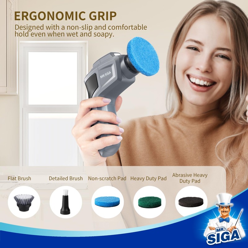 MR.SIGA Electric Spin Scrubber for Kitchen and Bathroom Cleaning, Waterproof
