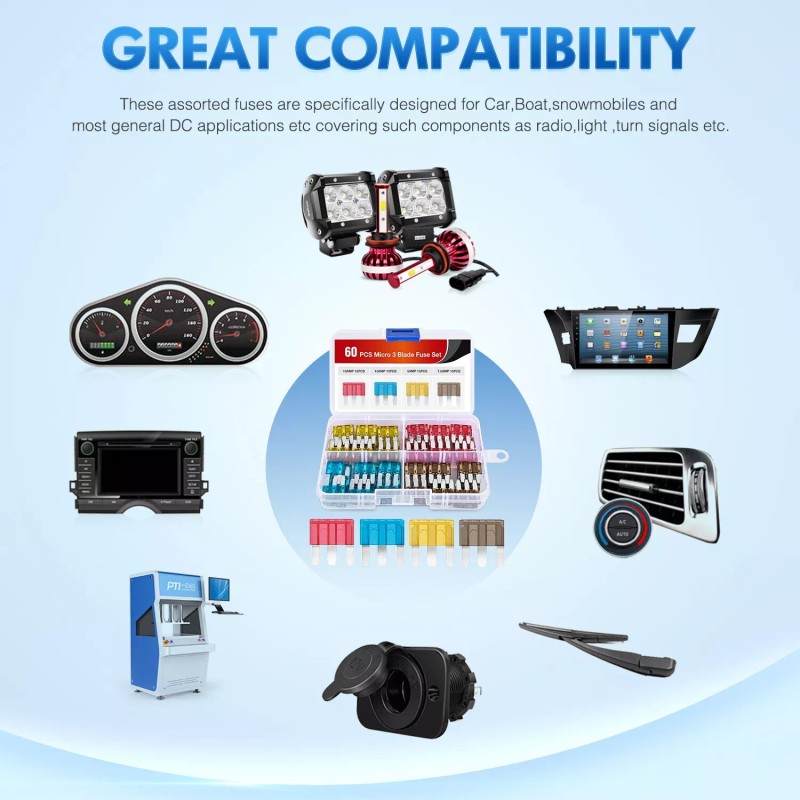 Nilight 60PCS Micro3 Fuse ATL Car Blade Fuses Assortment Kit