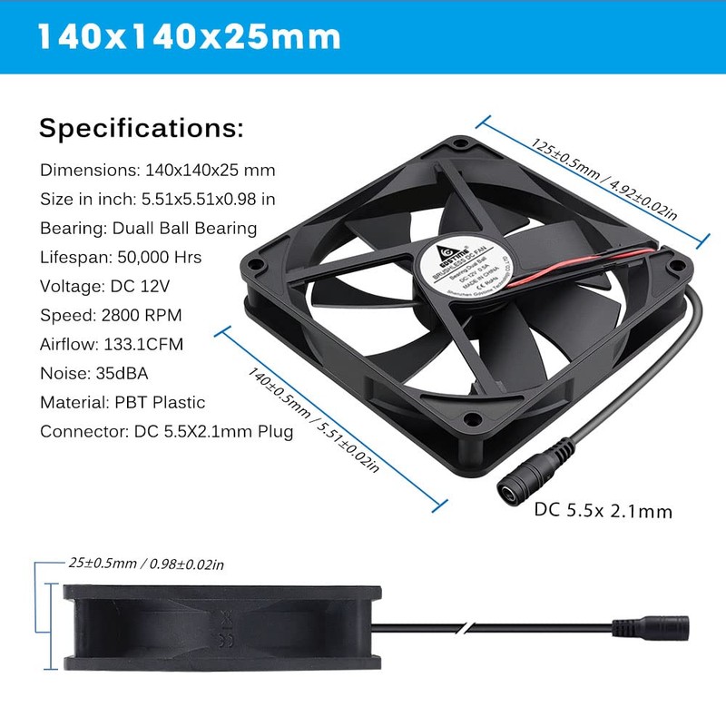 140mm PC Fan 12V 140mm Computer Fan Dual Ball Bearing