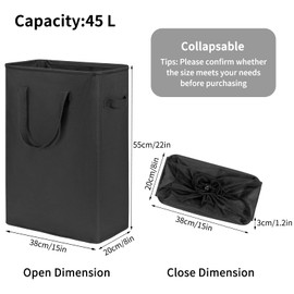 Chrislley 45L Slim Laundry Hamper Narrow Laundry Basket with Handle Foldable Dirty Clothes Portable Skinny Hamper Organizer Storage Bins (22 inches, black)