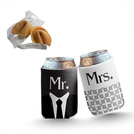 Will You Marry Me? Fortune Cookie Wedding Proposal Gift – Set of 2 Edible Fortune Cookies with “Will You Marry Me?” Message + Mr. & Mrs. Black and White Can Coolers – Unique Engagement Idea by VictoryStore