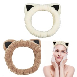 Pejlnd Cute Cat Spa Headband for Washing Face Makeup Skincare - 2Pcs Cat Ears Wash Headband Animal Headbands Trendy Stuff Soft Coral Fleece Facial Wash Hair Accessories for Women Girls Gifts