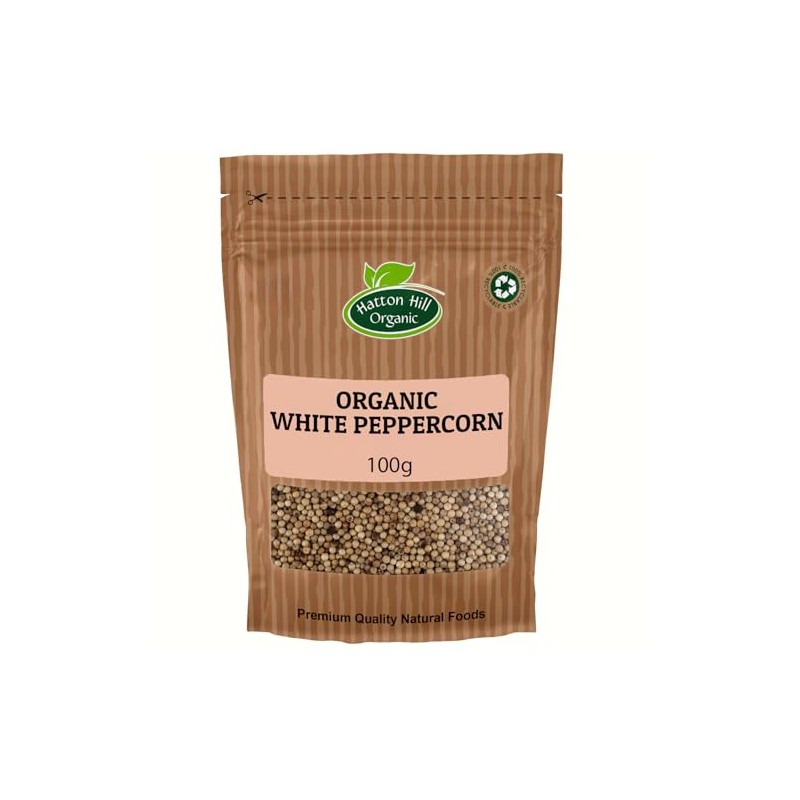 Organic White Peppercorns 100g by Hatton Hill | Smooth, Milder