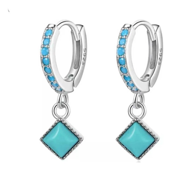 Finos Aretes Plata S925 Huggies Minimalista Piedra Turquesa