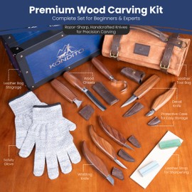 KONDITO Complete Wood Carving Kit – Premium Carving Knives Set with 7Cr17 Steel Blades, Safety Gloves, Honing Strop, Roll Bag & Gift Storage Case – Woodworking Tool Set for Adults & Beginners