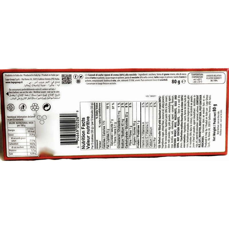 Dynasty Gastone Lago Wafer Cannoli Hazelnut Cream, 2.82 oz