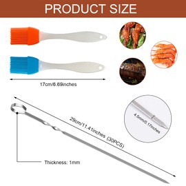 Pack of 30 Stainless Steel Barbecue Skewers 30 cm with 2 Grill Brushes, Reusable Kebab Skewers, Barbecue Skewers Made of Stainless Steel, Barbecue Skewers for Meat