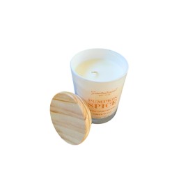 Natural Coconut Wax Blend Candle, Single Wick, White Jar, Orange Letters, Wooden Lid, Scented Pumpkin Spice Candle