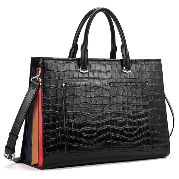 CLUCI Leather Briefcase for Women Laptop 15.6 Inch Professional Business Work Ladies Computer Handbag Shoulder Bag Black Crocodile