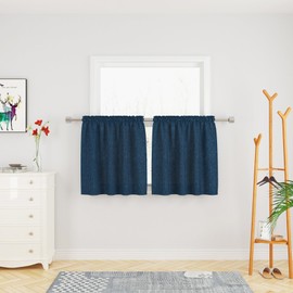 Short Curtains Long Linen Textured Privacy Kitchen Tier Curtains Navy Blue Half Window Curtains Cafe Bathroom Basement Small Mini Curtain Panels Rod Pocket 2 Pieces, 27"W x 24"L