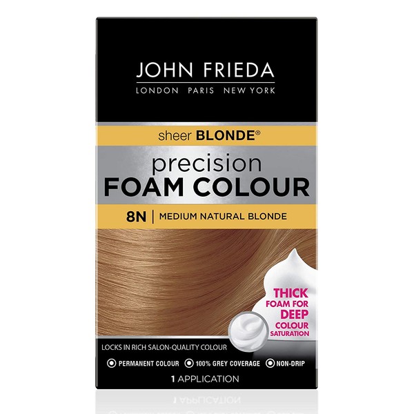 John Frieda Precision Foam Color, Medium Natural Blonde 8N, Full-coverage Hair Color Kit, with Thick Foam for Deep Color Saturation