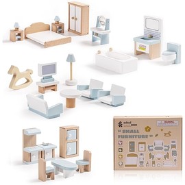 ROBUD Wooden Dollhouse Furniture Set, 23 Pcs Dollhouse Accessories, Miniature Furniture Including 5 Room Kits, Dollhouse Furniture Pretend Play Toys for Boys, Girls & Toddlers, 3+