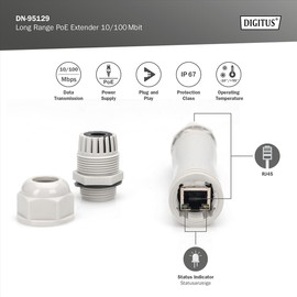 DIGITUS Outdoor PoE Extender - 10/100 Mbps - 100 m Range - Protection Class IP67 - Power Over Ethernet Standards IEEE802.3af/at/bt - Plug & Play
