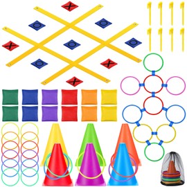 Relaxgiant 71 Pcs Carnival Games Set 4 ft x 4 ft Giant Tic Tac Toe Strap Game, Soft Plastic Cones Bean Bags Ring Toss Game, Hopscotch Ring Game for Birthday Party Outdoor Games Supplies Combo Set