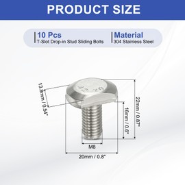 PATIKIL M8 x 16 mm T Slot Bolts, 10 Pcs 304 Stainless Steel Drop-in Bolt T Shape Stud Sliding Screw Metric Thread Hammer Head Bolt for T Track, Silver
